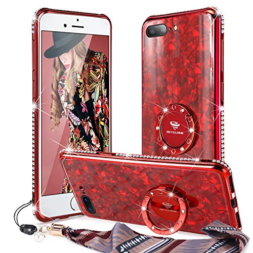 OCYCLONE Funda iPhone 8 Plus, Funda iPhone 7 Plus (5,5 Pulgadas),[Contraportada de Vidrio Templado] Purpurina Diamante Bumper Anillo Stand para Estuche Protector para Mujeres niñas - Rojo