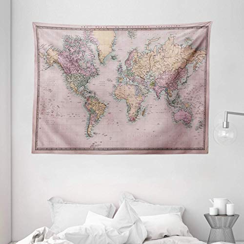 onepicebest World Map Tapestry, Original Old Hand Colored Map of The World Anthique Chart for Old Emperors Print, Wide Wall Hanging for Bedroom Living Room Dorm, 130 X 150 CM, Pale Yellow