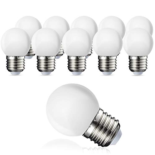 Pack de 10 bombillas LED E27 G45, sustituye a bombillas incandescentes de 20 W, blanco cálido 3000 K, 3 W G45, 180 lm, cubierta de policarbonato mate, no regulable.