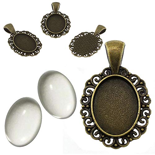 Perlin - Juego de 6 medallones de metal con filigrana, colgante en engaste y cabujón ovalado de cristal transparente de 18 x 13 mm de diámetro, color plata y bronce, (Bronze)