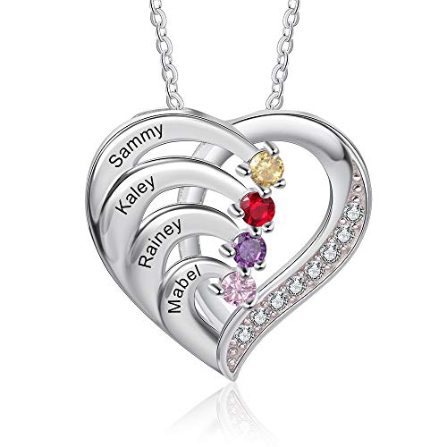 Personalizada Collar Plata 925 Colgante de con Corazón Collar con Nombres Grabados Madre e Hija Collar Regalo para Mujer Día de la Madre San Valentín Navidad (4 Nombres)