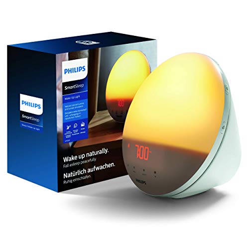 Philips Wake-up Light HF3519/01 - Despertador de luz con simulación del amanecer, Radio FM y lámpara de lectura, 5 sonidos naturales, alarma diferida