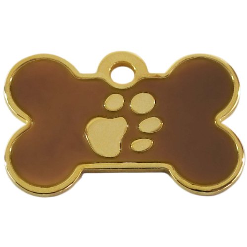 Placa marrón pequeña en forma de hueso con diseño impreso de pata dorada. Grabada con nombre de perro / mascota. Por favor envíenos un mensaje con los detalles del grabado cuando compre