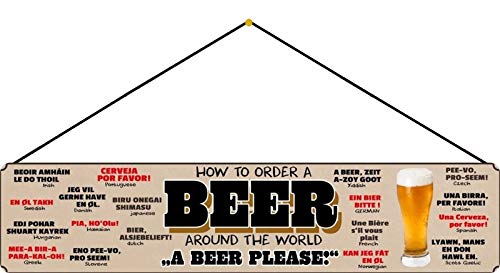 Placa metálica con texto en alemán "How to Order a Beer" (10 x 46 cm, con cordel)