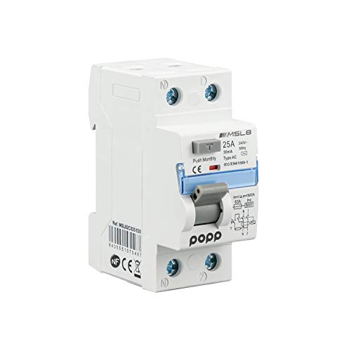 POPP® Electric Interruptor diferencial industrial TIPO AC 2 Polo 4 Polo 30mA 300mA SERIE MSL8 (25A 30mA, 1P+N)