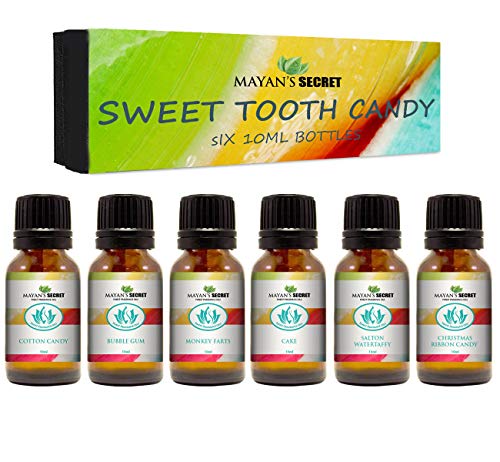 Premium Grade Fragrance Oil -Sweet Tooth Candy- Gift Set 6/10ml Cotton Candy, Bubble Gum, Monkey Farts, Cake, Salton Water taffy, Christmas Ribbon Candy