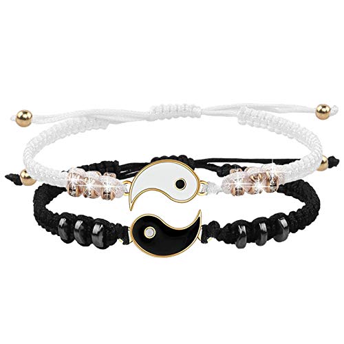 Pulseras de mejor amigo para 2 Yin Yang pulsera de cordón ajustable para BFF relación de amistad novio novia (Oro)