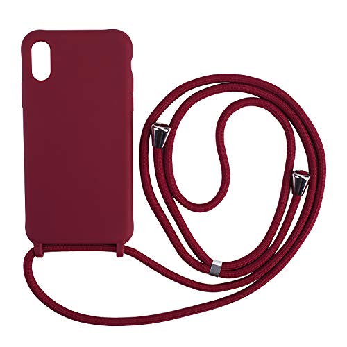 Ququcheng Funda Compatible con iPhone X/XS,Ajustable Collar Correa de Cuello Cordón Cuerda Carcasa TPU Bumper Silicona Skin Caso para iPhone X/XS-Rojo