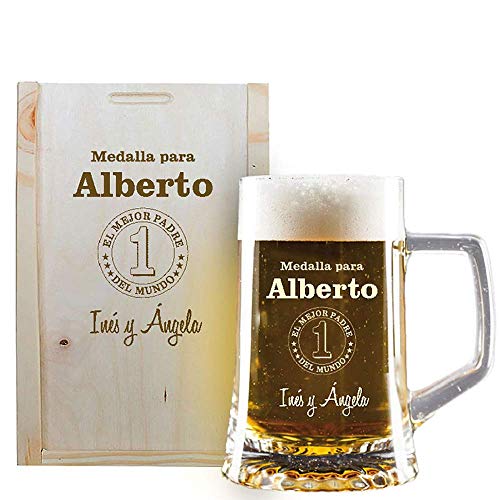 Regalo Personalizado para Padres: Jarra de Cerveza para ‘el Mejor Padre del Mundo’ grabada con su Nombre y la dedicatoria Que tú Quieras en Caja de Madera también grabada