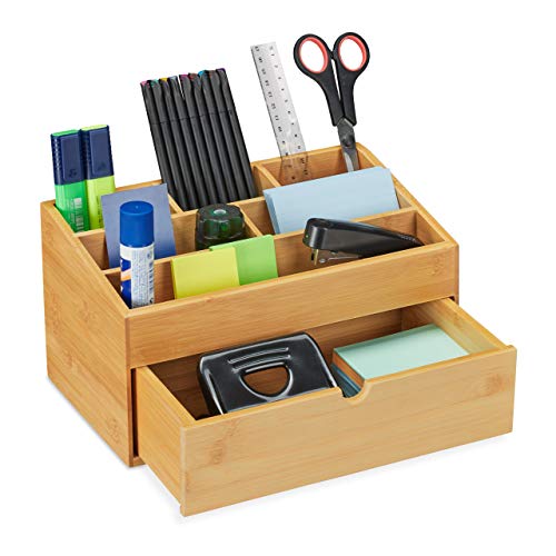 Relaxdays Organizador de Escritorio con cajón, 6 Compartimentos, bambú, Caja de Almacenamiento, Oficina, 15 x 28 x 16,5 cm, Natural, 1 Unidad