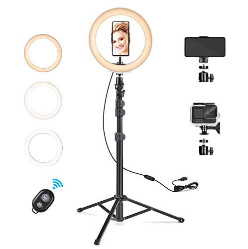 Rhodesy 10" Aro de Luz Selfie Trípode, Anillo de Luz LED con Soporte para Móvil con Control Remoto Bluetooth, 3 Modos Luz + 10 Niveles Brillo para Tiktok Live Selfie Volg Maquillaje Youtube Video