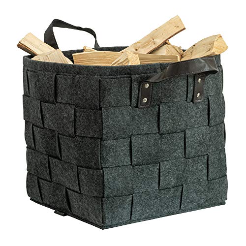 Rubberneck Cesta de Fieltro con Asas de Cuero Sintético - para Leña, Juguetes, Revistas - 33 x 33 x 35 cm, Gris Anthracite