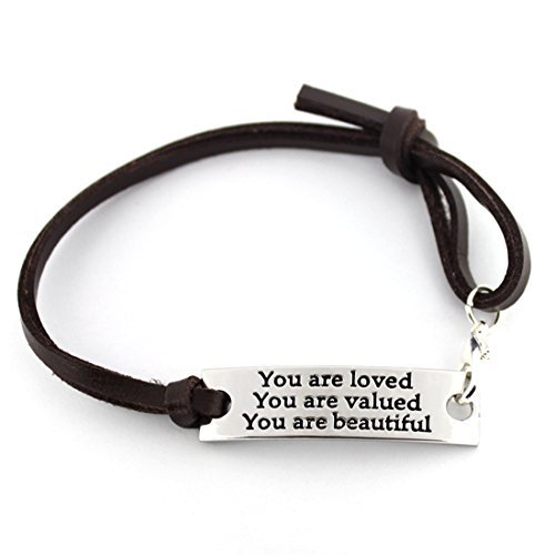 saying stamped You are loved You are valued You are beautiful leather inspirational bracelet by YOYONY