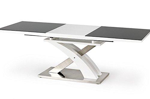 Sellon - Mesa de comedor exclusiva de acero inoxidable brillante, color blanco y negro, mesa de cristal, moderna, extensible (cristal negro - MDF blanco)