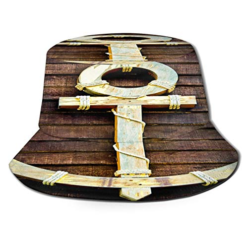Sombrero de Pesca,Ancla náutica de Madera Antigua en el Puerto de Cubierta, yate, navegación Artesanal, símbolo,Senderismo para Hombres y Mujeres al Aire Libre Sombrero de Cubo Sombrero para el Sol