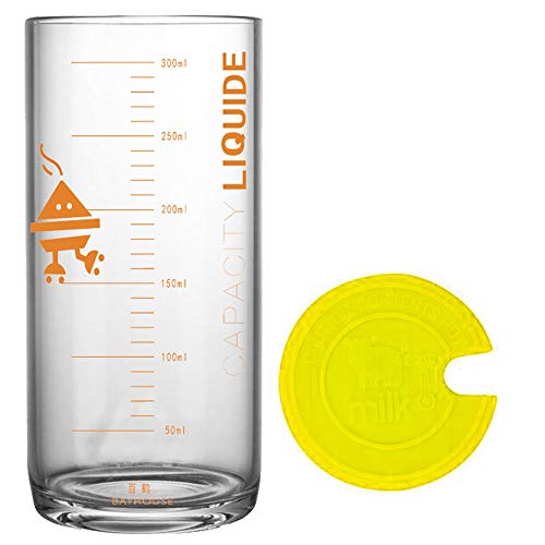 TAMUME 330ML Vaso y Taza de Cristal para Leche con Medidas,Vaso con Medidas y Tapa Amarilla de Silicona - Amarilla