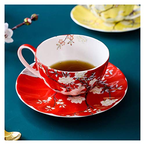 Taza de agua Juego de tazas de café de estilo británico Bone China Regalo de lujo Creatividad Tazas de té y tazas de café Juego de platillo Hermosas tazas de cerámica (Capacidad: 250 ml, Color: Rojo)