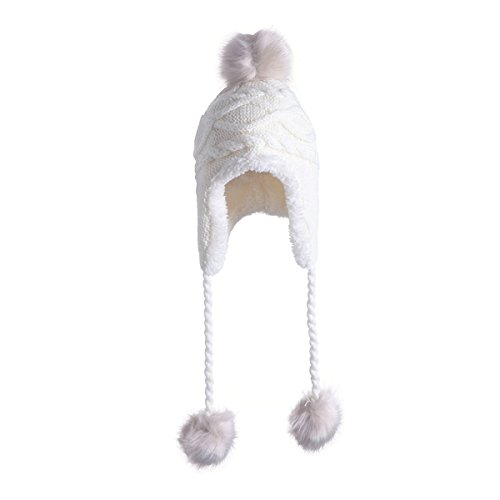 Tinksky Lindo Invierno Caliente Knit Lana Hat Doble Bola Oreja Flap con Pom Navidad Regalo de cumpleaños para Las Mujeres niñas - S (Blanco)