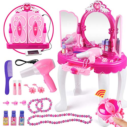 Tocador de maquillaje,Tocador de tocador para niña, color rosa, con taburete, secador de pelo, joyas, cosméticos, juego de rol para niños, 3, 4 años