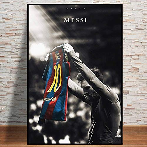 tzxdbh Imagen sobre Lienzo Vista de Ventana Estrella de fútbol Lionel Messi Imagen de Paisaje con Estampado Retro en Marco de pie de Madera, Color 40x50cm (con Marco)