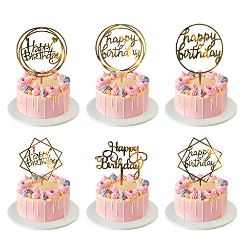 Ulikey Happy Birthday Cake Topper, 12 Piezas Oro Topper de Pastel de Cumpleaños, Acrílico Cupcake Topper de Magdalena Decoración de Tartas para Cumpleaños