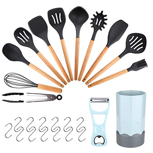 Utensilios cocina de silicona, kit de cocina,mreechan Antiadherente Utensilios Cocina con Mango de madera para utensilios de cocina,Resistente al calor y Antiadherente Utensilios Cocina(New 23 piezas)