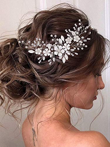 Vakkery - Diadema para el pelo de boda con diseño de hojas y flores, color plateado