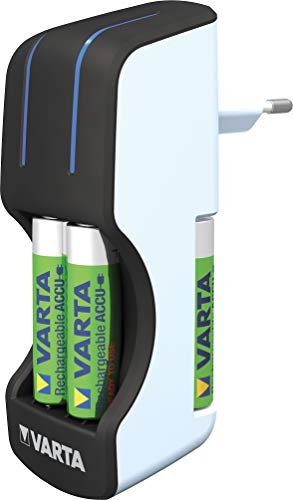 VARTA Pocket Charger - Cargador de pilas AA y AAA (incluye 4 pilas recargables AA de 1600 mAh)