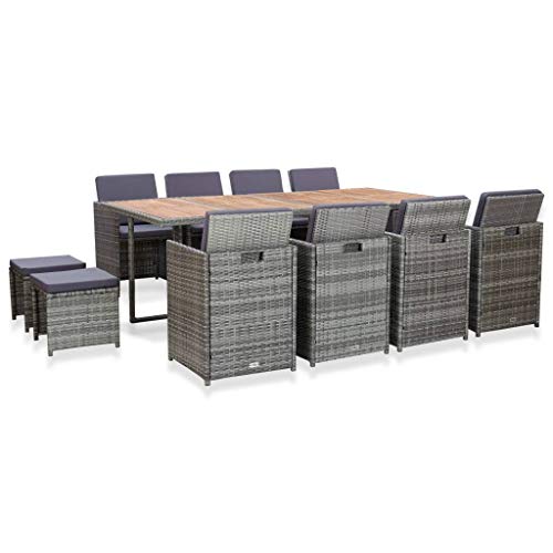 vidaXL Madera Maciza Acacia Set de Comedor Jardín 13 Piezas Conjunto de Muebles al Aire Libre Patio Terraza Mesa Sillas Exterior Ratán Sintético Gris