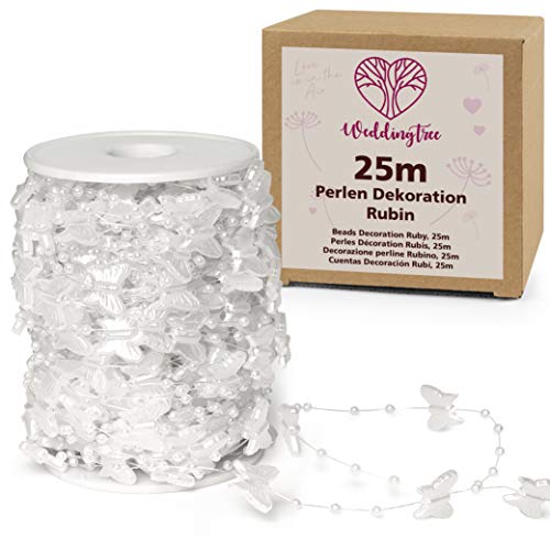 WeddingTree Guirnalda de perlas blancas 25m mariposas - Cinta de perlas para decoración de bodas y fiestas Cumpleaños Bautizos Navidad - 1 rollo