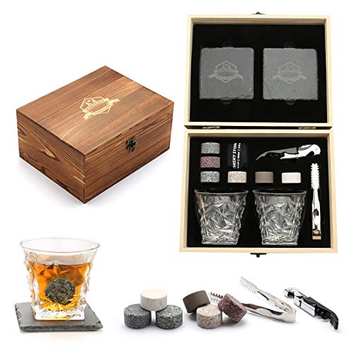 Whisky Stones, Whisky Glass Gift Set, Large Whiskey Rocks Stilling Stones, Coasters Stones & Bar Glasses in Handmade Wood Box– Cool Drinks With Dilution-Glasses Set de 2, para papá, esposo, hombres