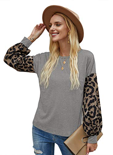 XLNB 2020 Nueva Camiseta con Cuello Redondo Y Manga Farol con Estampado De Leopardo para Mujer,Gris,S