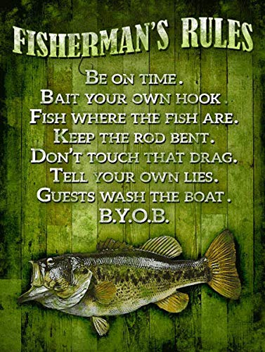 Yilooom Sun Protected Fisherman Rules Metal Sign, Outdoor, Mancave, Cabin, Lake House Novelty Wall Art Decor Accessories Gifts, Metal, Multicolor, 12 x18 Inches (30 x 45cm)
