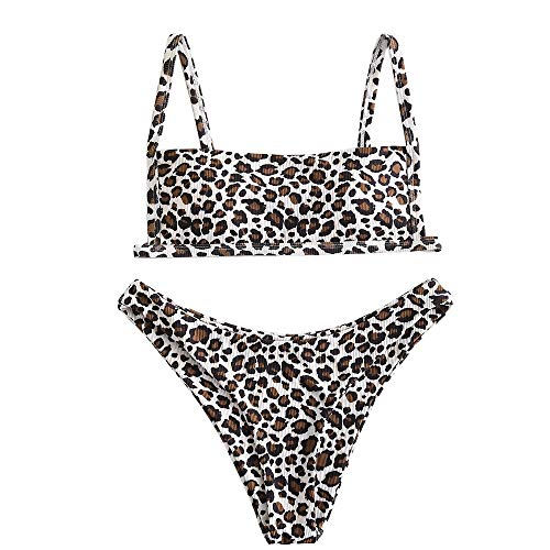 ZAFUL - Bikini de dos piezas para mujer, acolchado, con estampado de leopardo acanalado y bañador estampado leopardo S