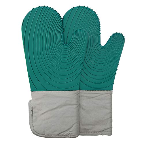 ZB ZealBoom Guantes de silicona resistentes al calor hasta 250 °C, juego de guantes de cocina antideslizantes, guantes largos para barbacoa, para cocinar, hornear, asar, asar, color verde oscuro
