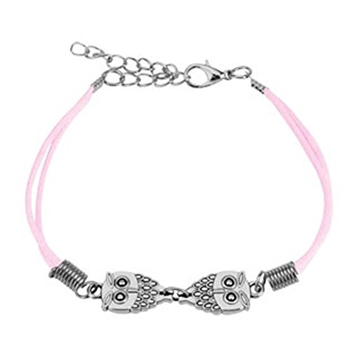 0 Beyoutifulthings - Pulsera enroscable con diseño de búho, longitud de 235 mm, ancho de 2,04 mm, ajustable, cierre de mosquetón, piel auténtica, acero inoxidable, cuerda unisex, color rosa