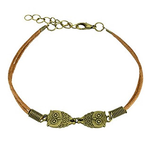 0 Beyoutifulthings - Pulsera enroscable de búho, longitud 235 mm, ancho 2,04 mm, ajustable, cierre de mosquetón, piel auténtica, acero inoxidable, cuerda unisex marrón