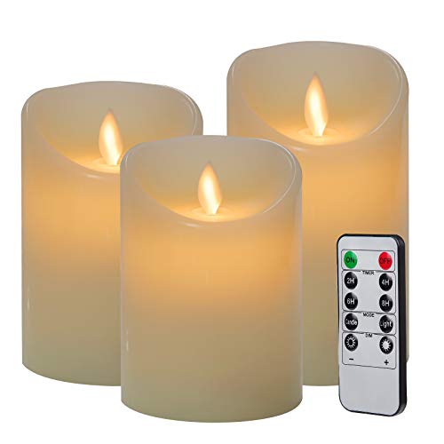 3pcs Velas LED con Mando a Distancia de 10 Botones(Temporizador 2/4/6/8 H, 2 Modos, Regulable) 7,5x10/12,5/15cm, para Navidad,Restaurante,Bar,Semana Santa, Blanco Marfil