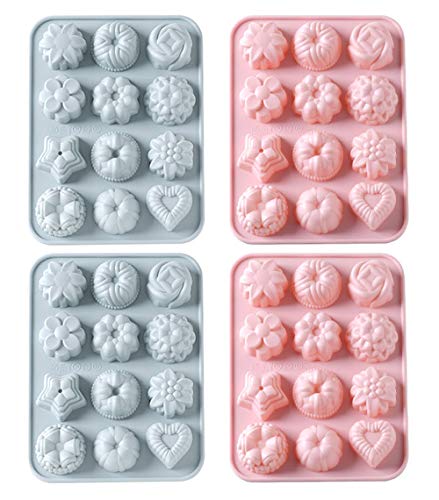 4 PIEZAS Moldes de silicona de grado alimenticio, moldes para hornear con flores y forma de corazón, antiadherentes, pack de 3 moldes de silicona para bombón, caramelo, gelatina, cubitos de hielo