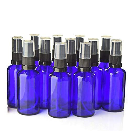 5 botellas de spray de cristal azul cobalto vacías rellenables negras con pulverizador de niebla fina de viaje, botella atomizadora recargable para aceite esstenial líquido perfume cosmético (100 ml)