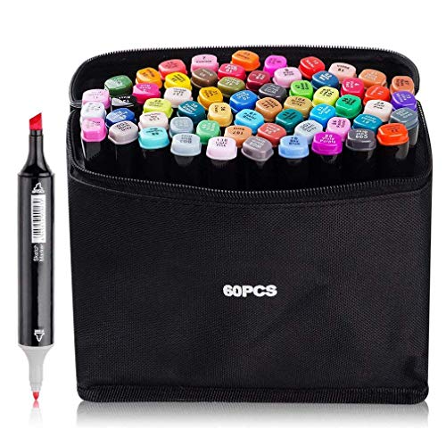 60 colores permanentes marcadores de arte doble rotulador de punta fina ancha diseño de animación negro para dibujar colorear con bolsa negra, 60 colores marcadores de arte