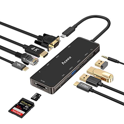 Aceele Hub USB C 11-en-1, Hub Tipo C con 4K HDMI y VGA, Puertos USB 3.0, 2 USB 2.0, 2 USB C (Datos & PD), RJ45 gigabytes Ethernet, Audio, SD&TF para Macbook Pro 2018/2019, Galaxy S10, etc.