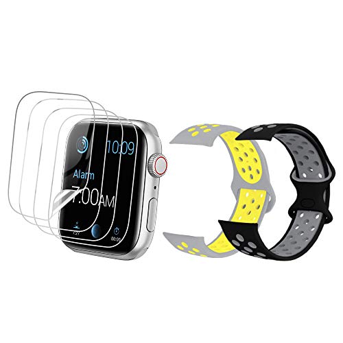 AiMok 4 Piezas Protectores de Pantalla TPU + 2 Piezas Correas Compatible con Apple Watch Series 6 / Watch SE 44mm, Silicona Correa de Repuesto para Watch Series 6 / Watch SE 44mm (Negro+Amarillo)