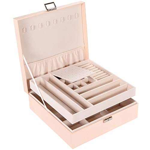 Allinside Caja Joyero Caja de Joyas Grande para Mujeres niñas, 2 Niveles Organizador de Joyería con Cerradura, Almacenamiento y Expositor, Cuero PU, Forro de Terciopelo, Rosa