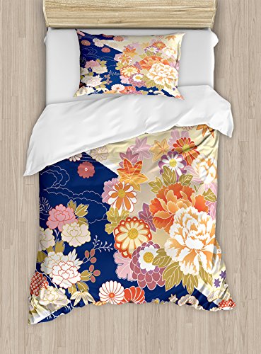 Ambesonne Japanese Duvet Cover Set Twin Size, Traditional Kimono Motifs Composition Asian Ethnic Floral Patterns Vintage Artwork, Decorative 2 Piece Bedding Set with 1 Pillow Sham, Multicolor