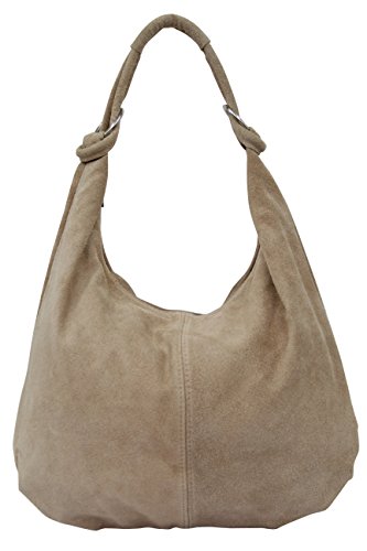 AMBRA Bolsa de mano para mujer, de piel de ante, Hobo-Bags, bolso de piel, bolsa de compras, DIN-A4 42 cm x 35 cm x 4 cm, WL803, color Beige, talla XX-Large