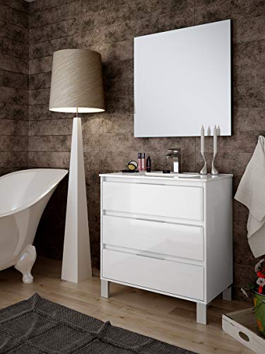 Aquore | Mueble de Baño con Lavabo y Espejo | Mueble Baño Modelo Balton 3 Cajones con Patas | Muebles de Baño | Diferentes Acabados Color | Varias Medidas (Blanco, 80 cm)
