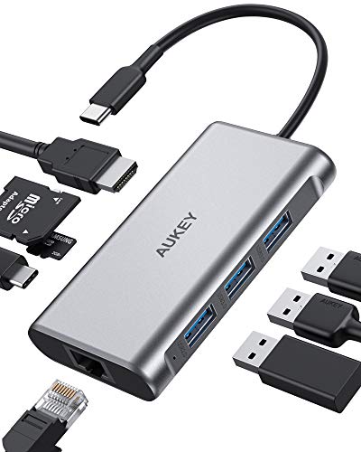 AUKEY USB C Hub 8 en 1 con HDMI 4K, Gigabit Ethernet, 3 USB 3.0, Carga PD de 100 W y Lector de Tarjetas SD y Micro SD Adaptador USB C de Aluminio para MacBook Pro / Air (Thunderbolt 3), Dell, HP