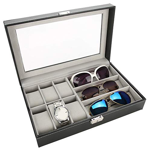 Ausla Caja porta relojes funda para 3 gafas de sol, piel sintética, estuche para 6 relojes, expositor de gafas, estuche para joyas con tapa transparente, 33 x 20 x 8 cm