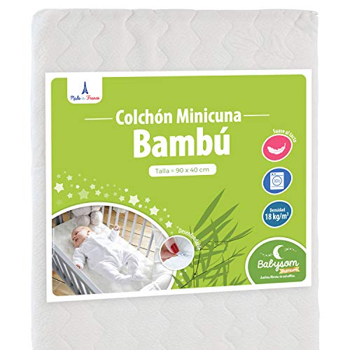 Babysom - Colchón Minicuna bebé - 90 x 40 cm - Funda de Bambú - Transpirable - Altura 5 cm - Desenfundable - Garantía 2 años